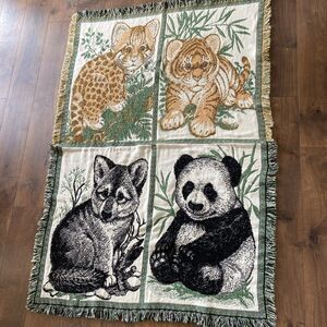 Vintage Rug Barn Natures Endangered Cotton Blanket Baby Panda Fox Lion